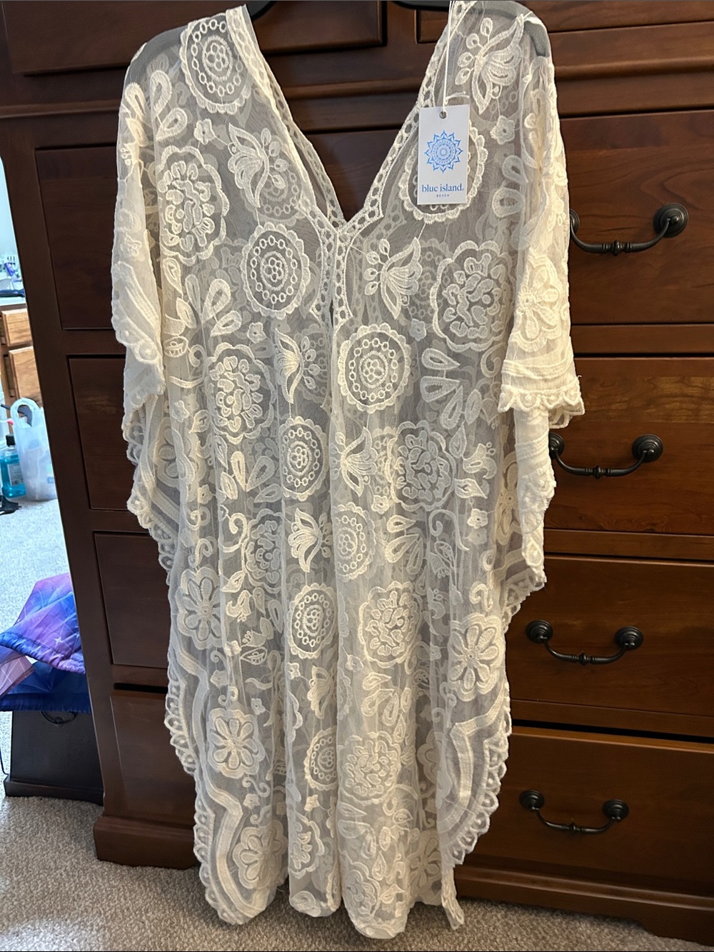 blue island Ivory Floral Lace Caftan Cover-Up